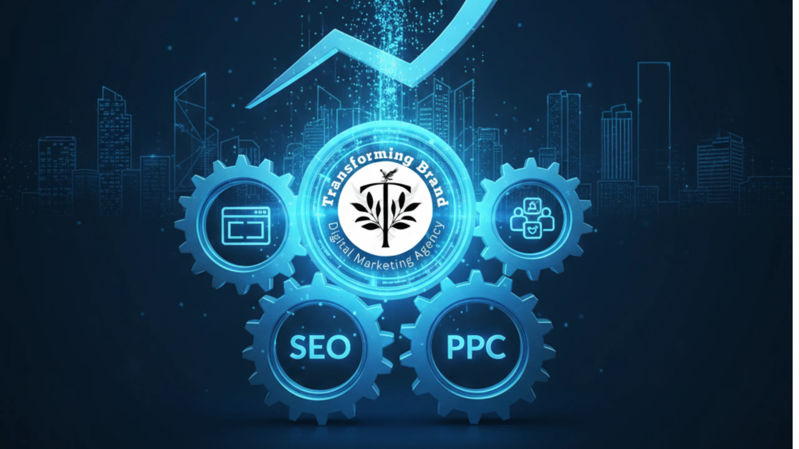 Integrated services from the best digital marketing agency in Patna, featuring SEO, PPC, and website development icons against a futuristic city background.