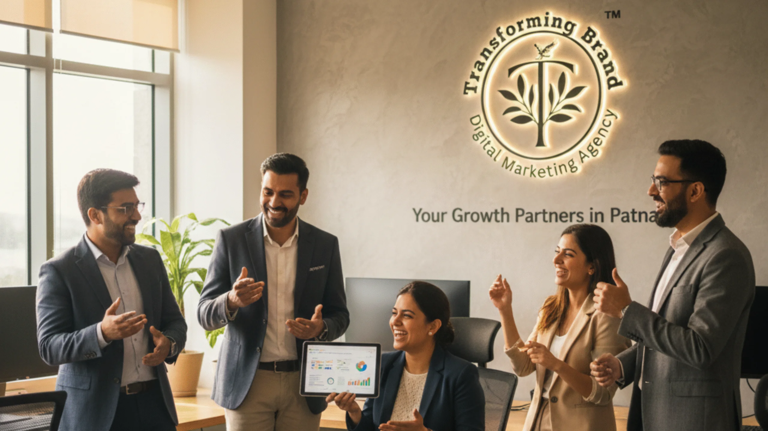 Team of experts at Transforming Brand, the best digital marketing agency in Patna, discussing data analytics on a tablet to provide leading SEO services and top website development in Patna.