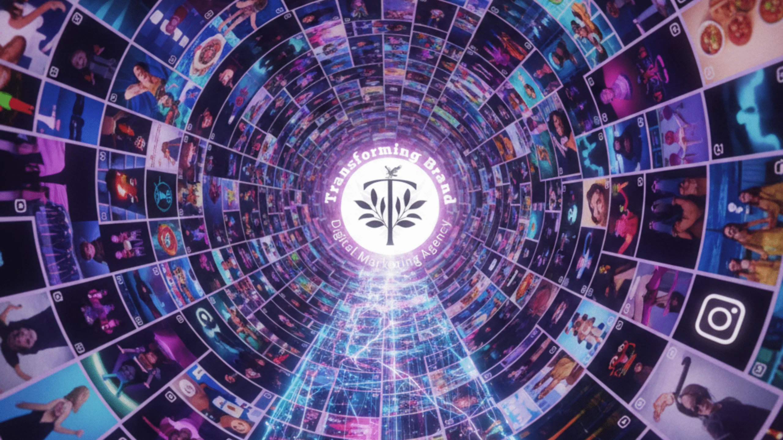 A futuristic digital tunnel made of countless social media posts and content, with the logo of a leading digital marketing agency in Patna at the center, symbolizing their comprehensive content strategy and reach.