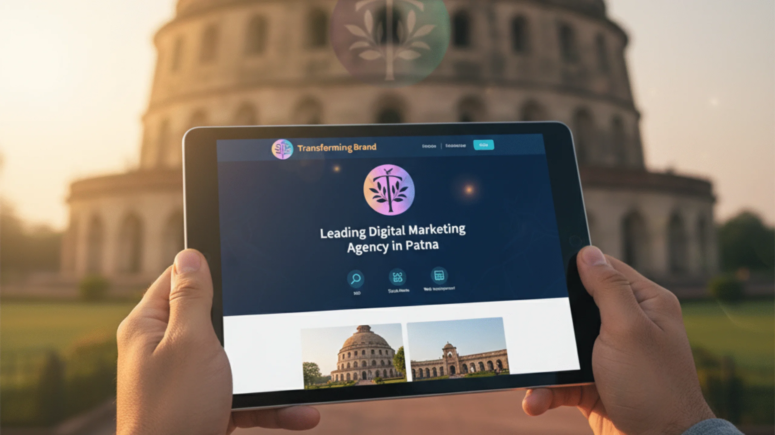 A tablet held by hands in front of the Golghar landmark, displaying the website of the leading digital marketing agency in Patna, "Transforming Brand".