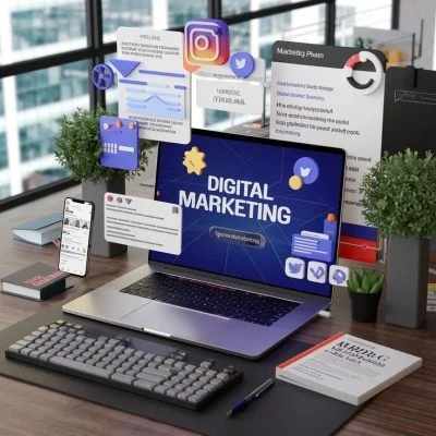 A laptop on a desk displays "DIGITAL MARKETING" with social media icons and charts, representing services offered by the best digital marketing agency in Patna. The desk is adorned with a keyboard, mouse, plants, and books, hinting at a professional setup.