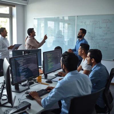 A busy office scene with a diverse team of professionals, some working on computers displaying code and others discussing in the background near a whiteboard, representing the expert website development and digital strategy work of the best website development agency in Patna and Bihar.